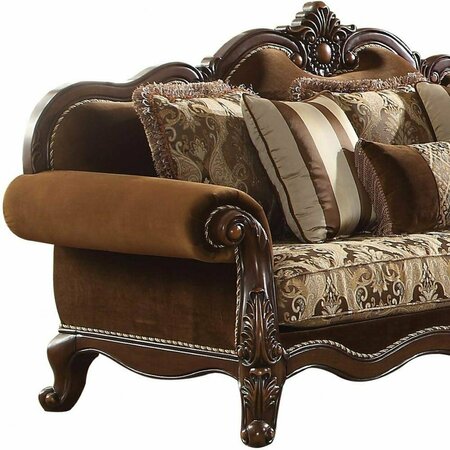 Homeroots 37 x 89 x 46 in. Fabric Cherry Oak Upholstery Wood Leg & Trim Sofa with 6 Pillows 348213